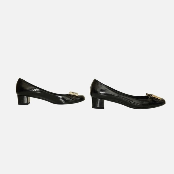 Gucci Black Patent Leather Gold Tone Bow Buckle Low Heel Pumps Shoes - Picture 5 of 10